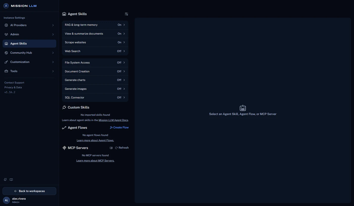 The Agent Skills settings page in Mission LLM.