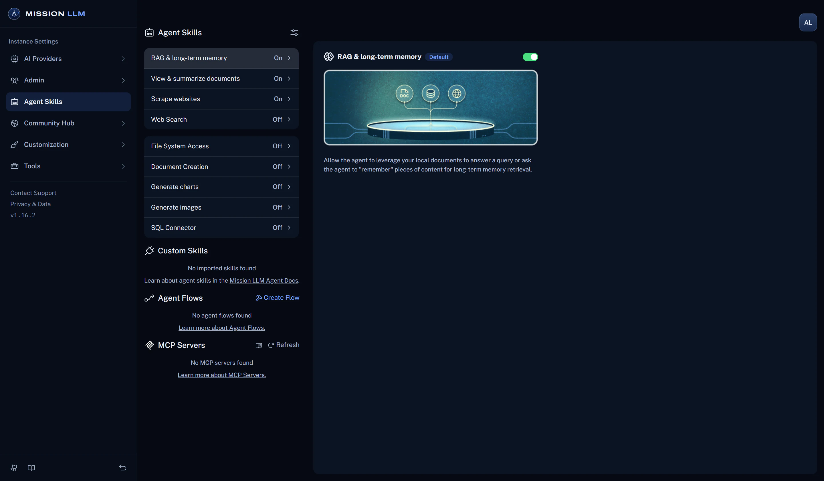 The Agent Skills settings: skills an admin switches on or off, such as document creation, charts and a SQL connector, plus custom skills, agent flows and MCP servers.