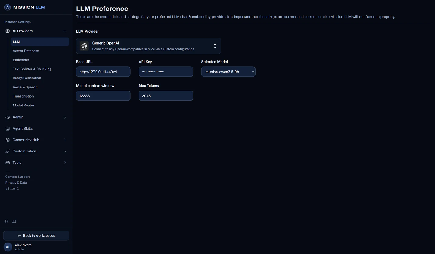 The LLM provider settings page in Mission LLM.