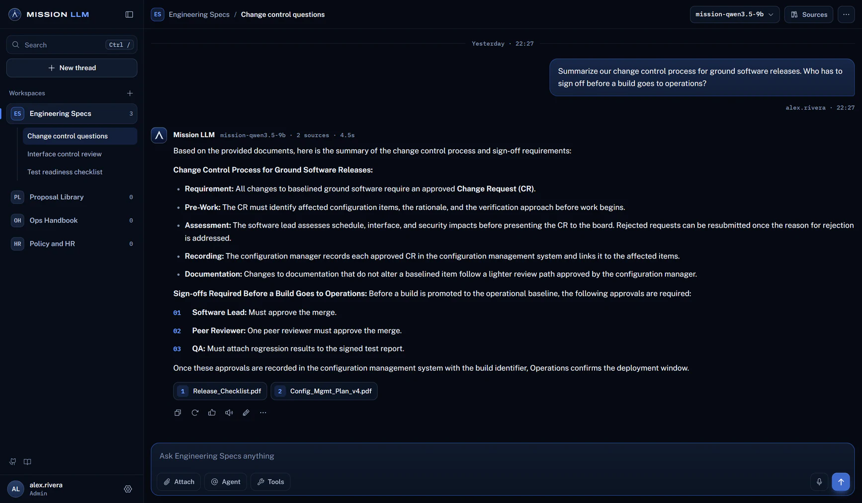 The Mission LLM app answering a question about change control, with the workspace sidebar, the model picker and the two source documents it cited.