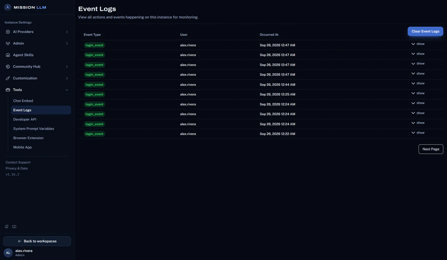 The Event Logs admin page in Mission LLM.