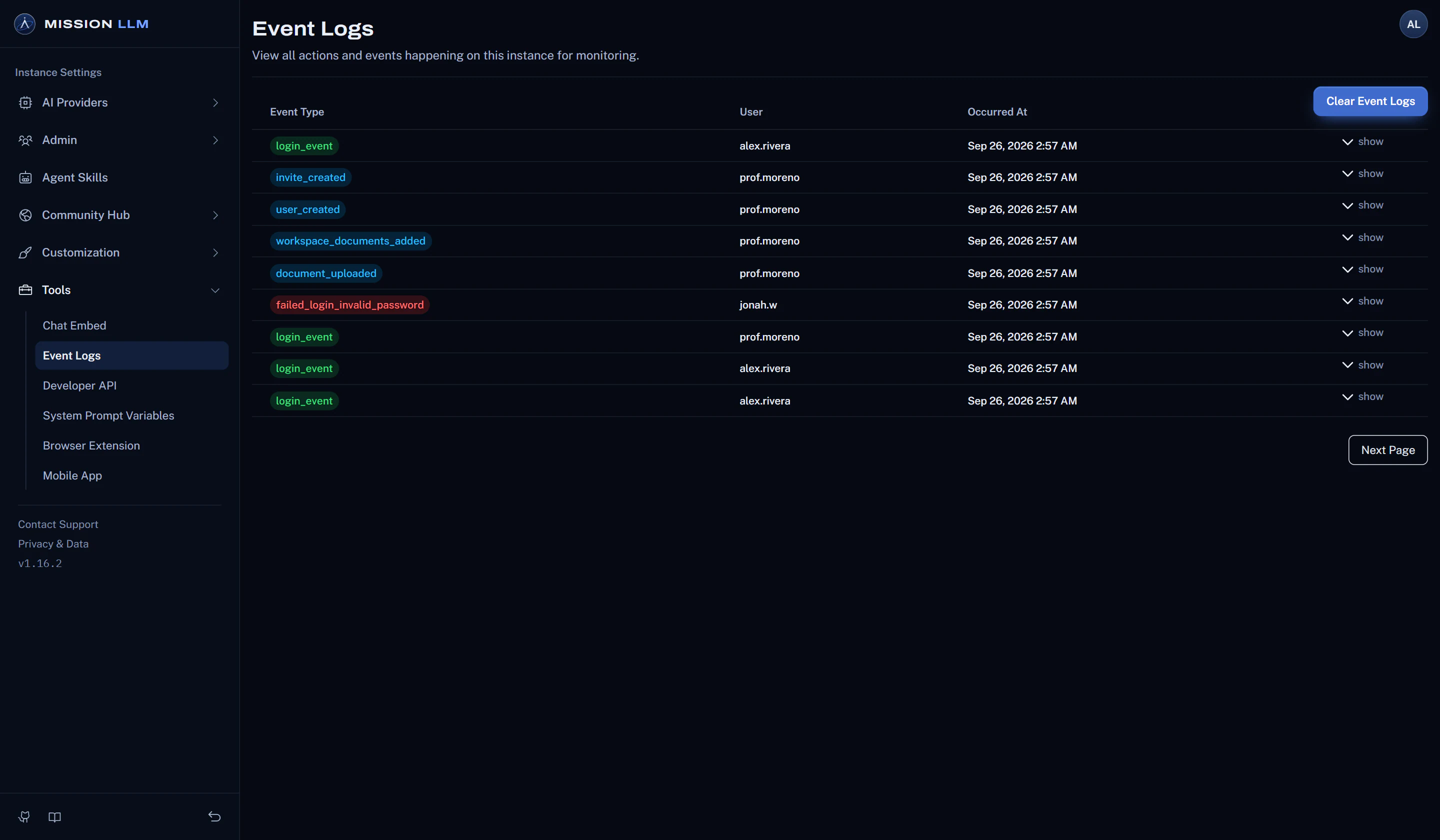 The Event Logs page: sign-ins, a failed sign-in, an uploaded document, a new user and an invite, each with the user and the time.