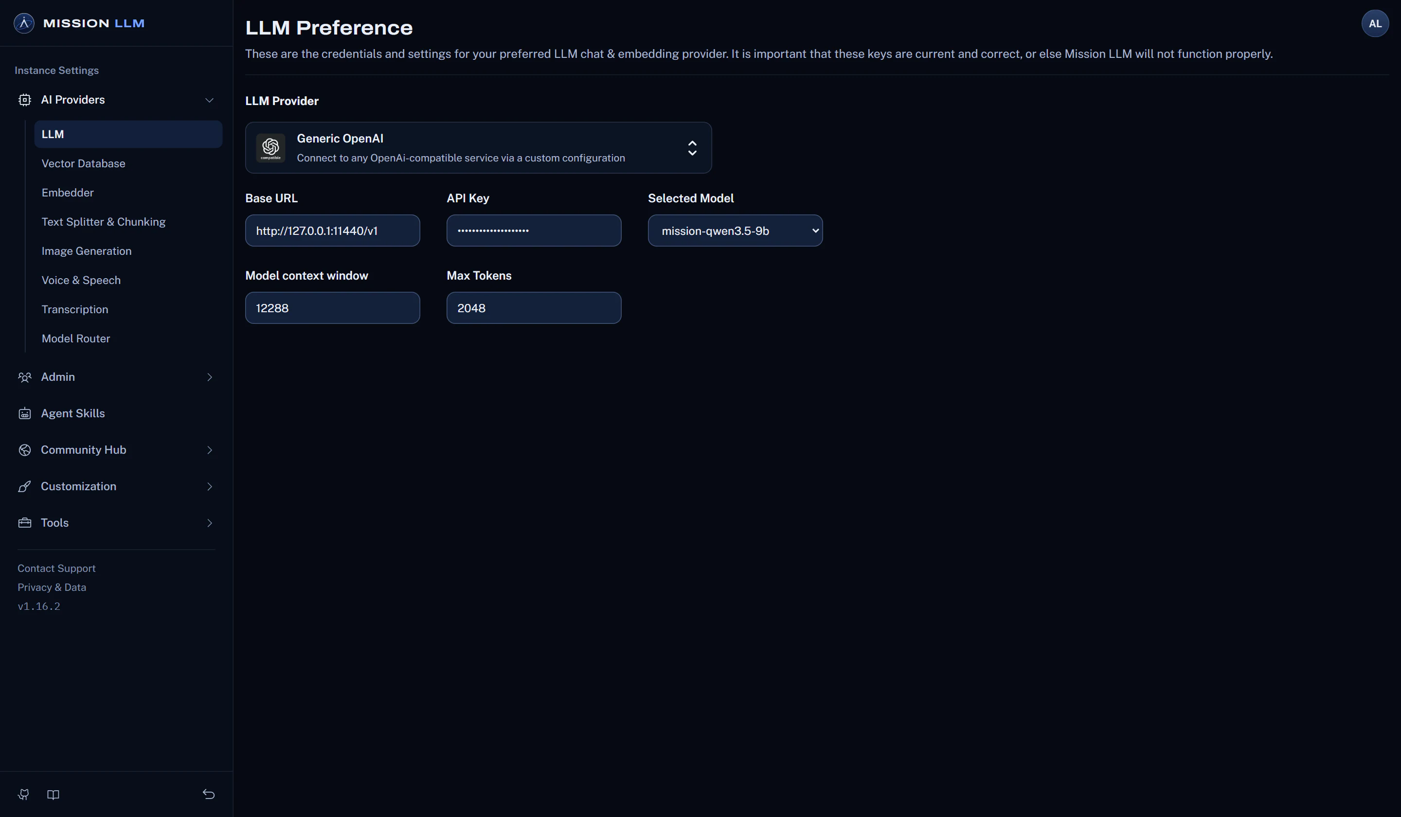 The LLM Preference page, set to an OpenAI-compatible model server on the same machine (127.0.0.1).