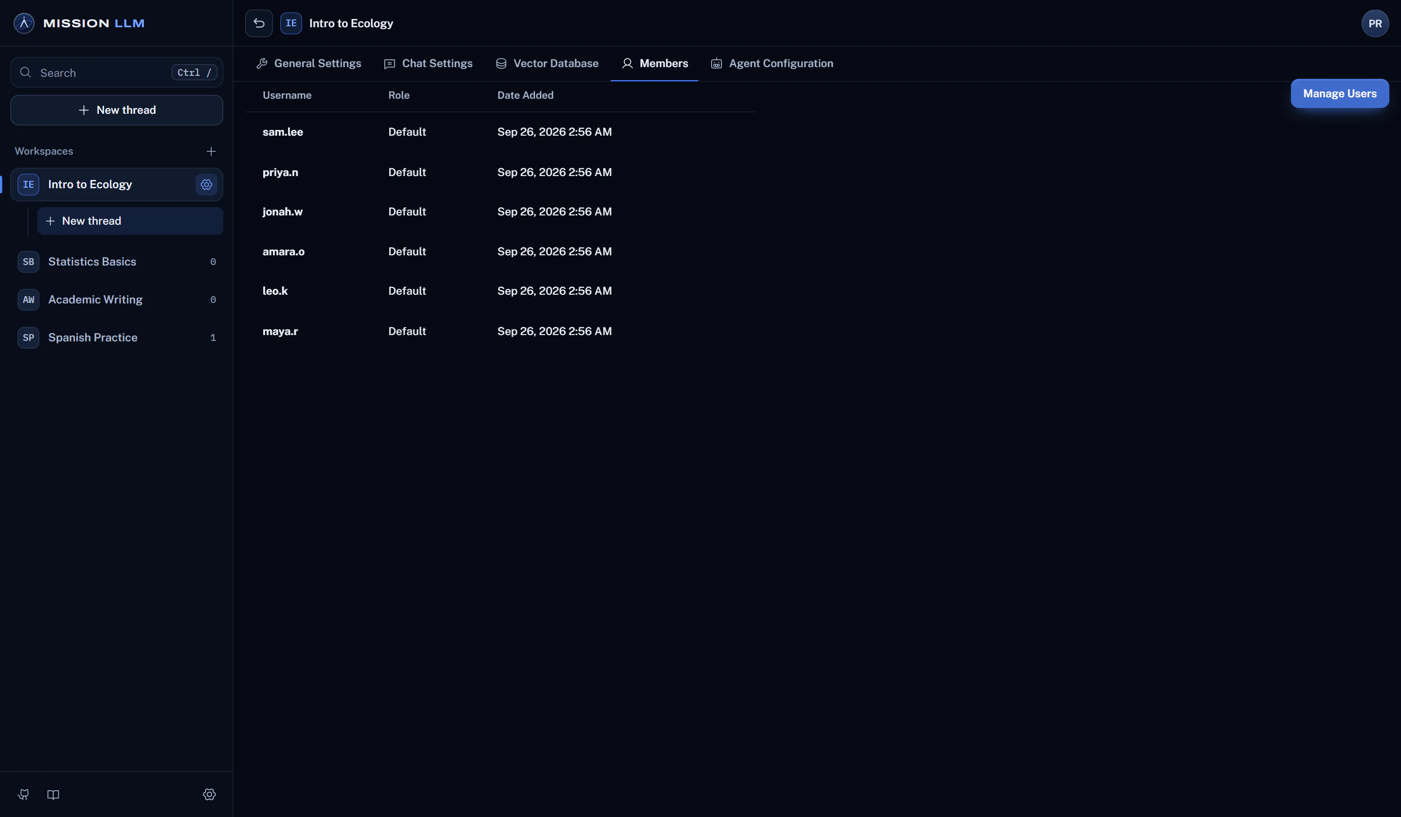 The Members tab of a course workspace, listing the students added to it, each with the default role.