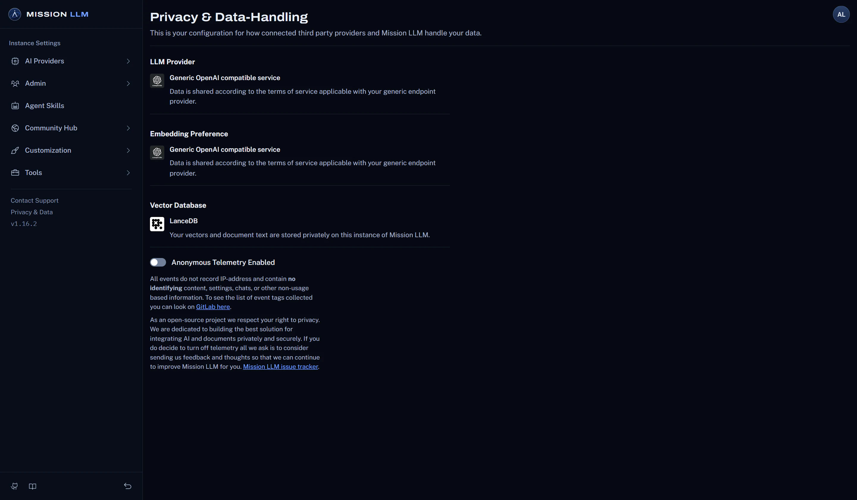 The Privacy & Data-Handling page with the anonymous telemetry switch off, and the vectors kept in the built-in LanceDB store on the instance.